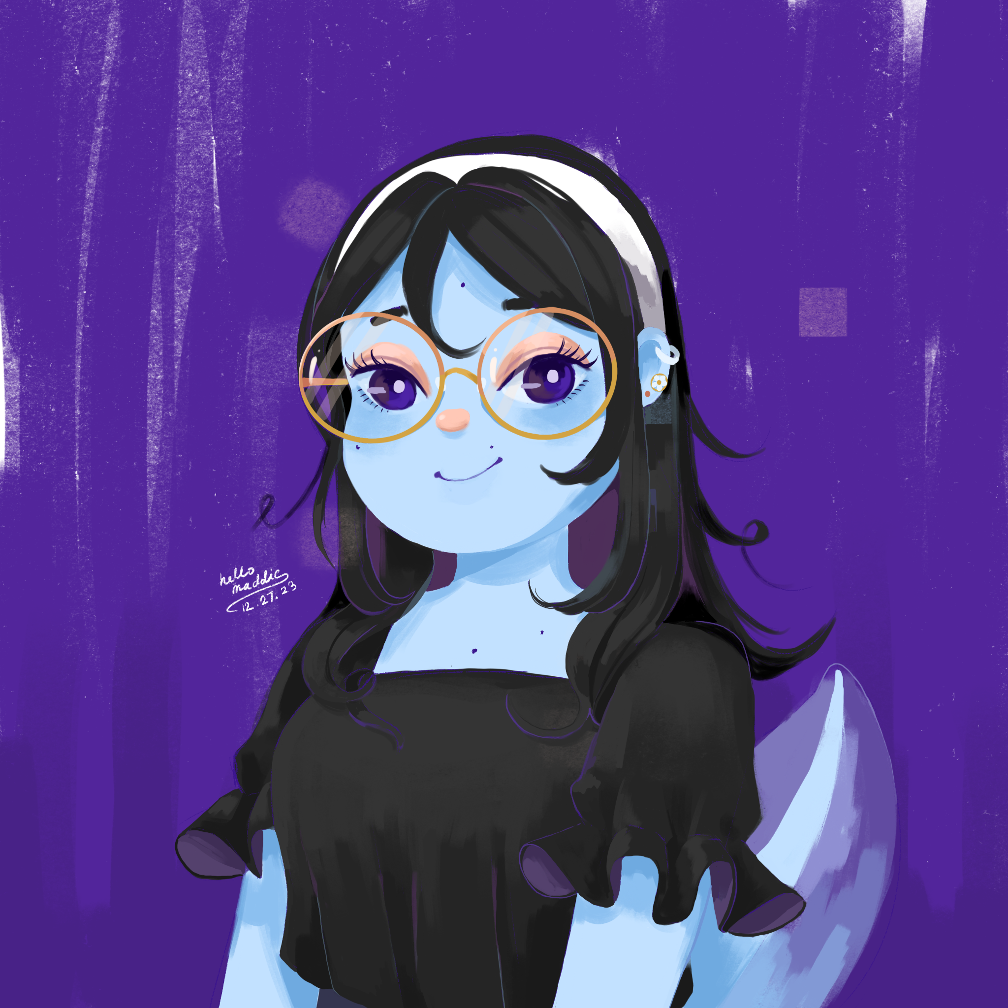Digital self-portrait avatar with pale blue skin, round glasses, dark hair with a white headband, black top, and a light blue axolotl tail, set against a purple background.